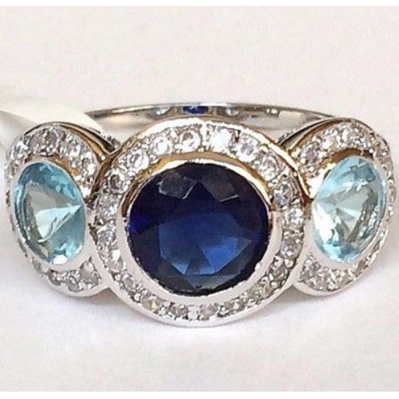 Silver Sapphire Victorian Gypsy Ring Size 10 Aquamarine Cubic Zirconia Rhodium - Picture 5 of 8
